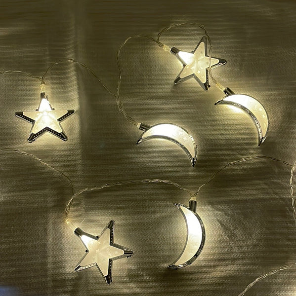 Ramadan Lights White/Silver Moon & Star 20 piece LED hang