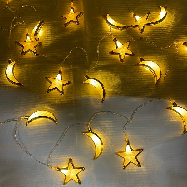Ramadan Lights White/Gold Moon & Star 20 piece LED Hang
