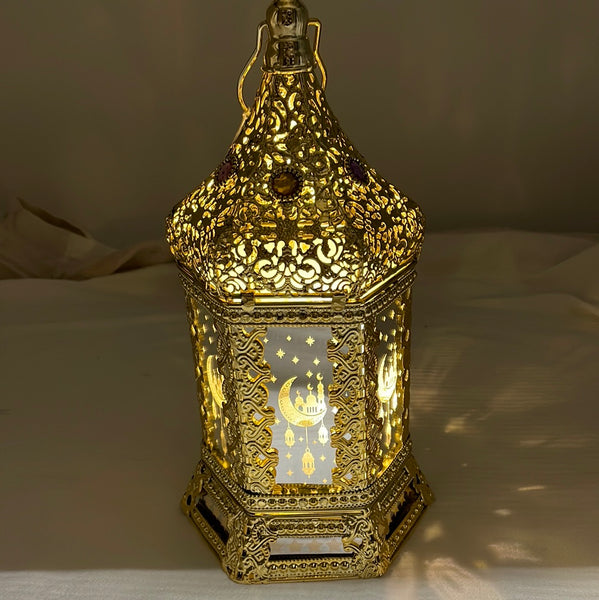 Gold Ramadan Lantern with Colorful Rome Stones 12.5'' LED w Audio