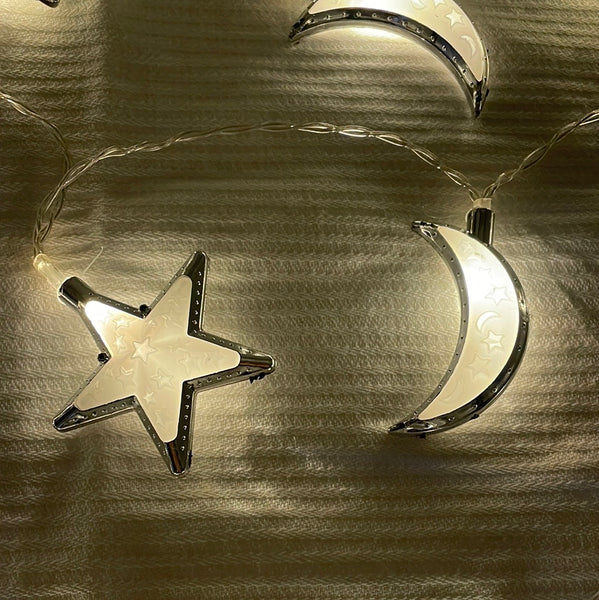 Ramadan Lights White/Silver Moon & Star 20 piece LED hang