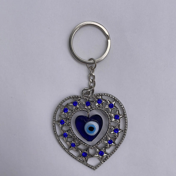 Evil Eye Silver Heart w Blue Stars Key Chain