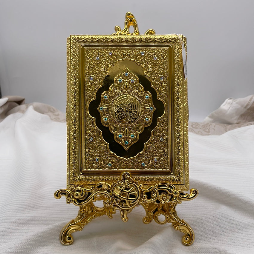 Gold Quran Holder W Stand & Quran Small 6X8”