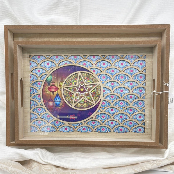 1PC Small Wood Ramadan Tray Moon& Star Colorful