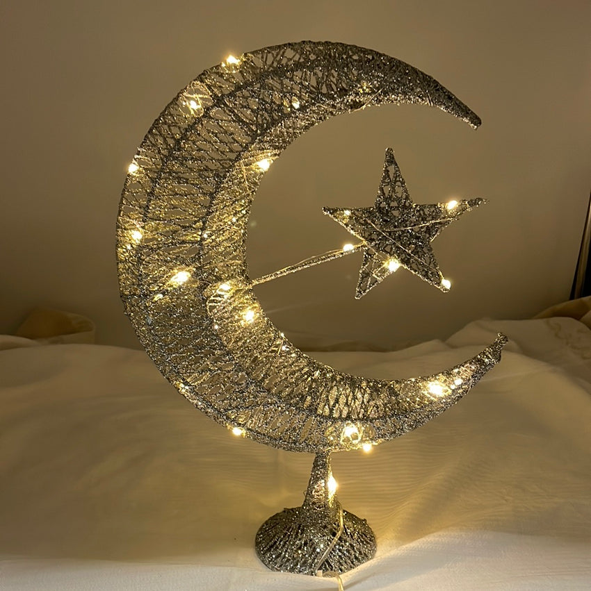 13'' Silver Glitter Ramadan Moon & Star W LED