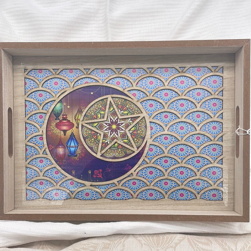 1PC Large Wood Ramadan Tray Moon& Star Colorful